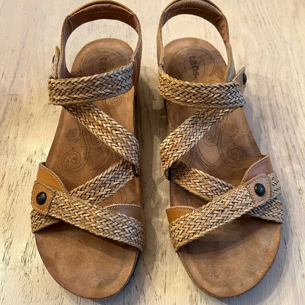 Taos Brand Woven Leather Suede & Tan Sandals Essentially “New”…never worn.